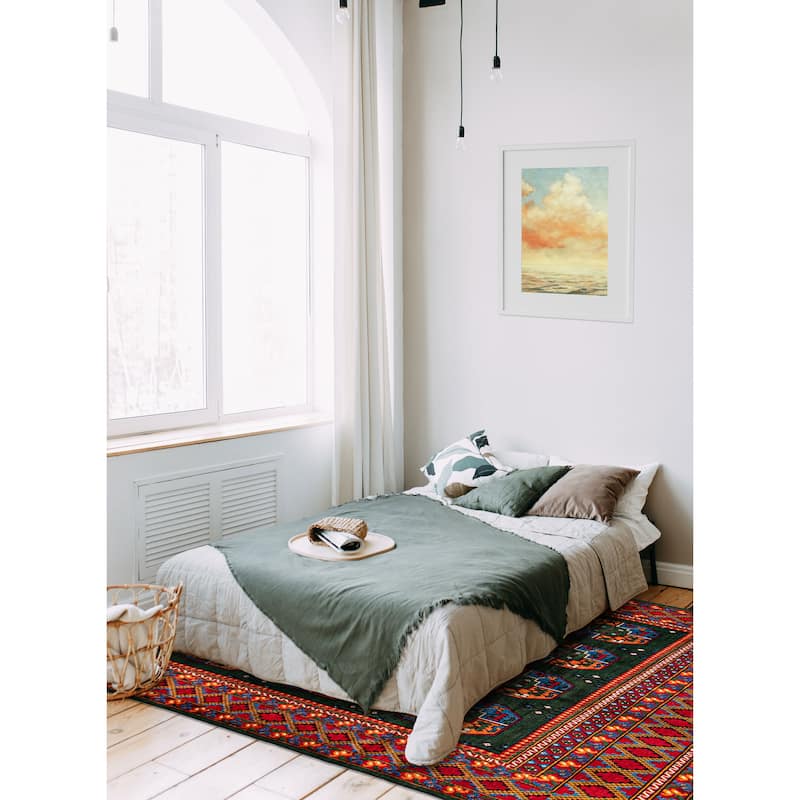 ECARPETGALLERY Hand-knotted Uzbek Kargahi Green Wool Rug - 6'9 x 9'6