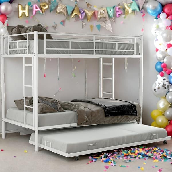 slide 2 of 9, Twin Over Twin Bunk Bed With Trundle,Two Ladders,Metal Frame for Home White