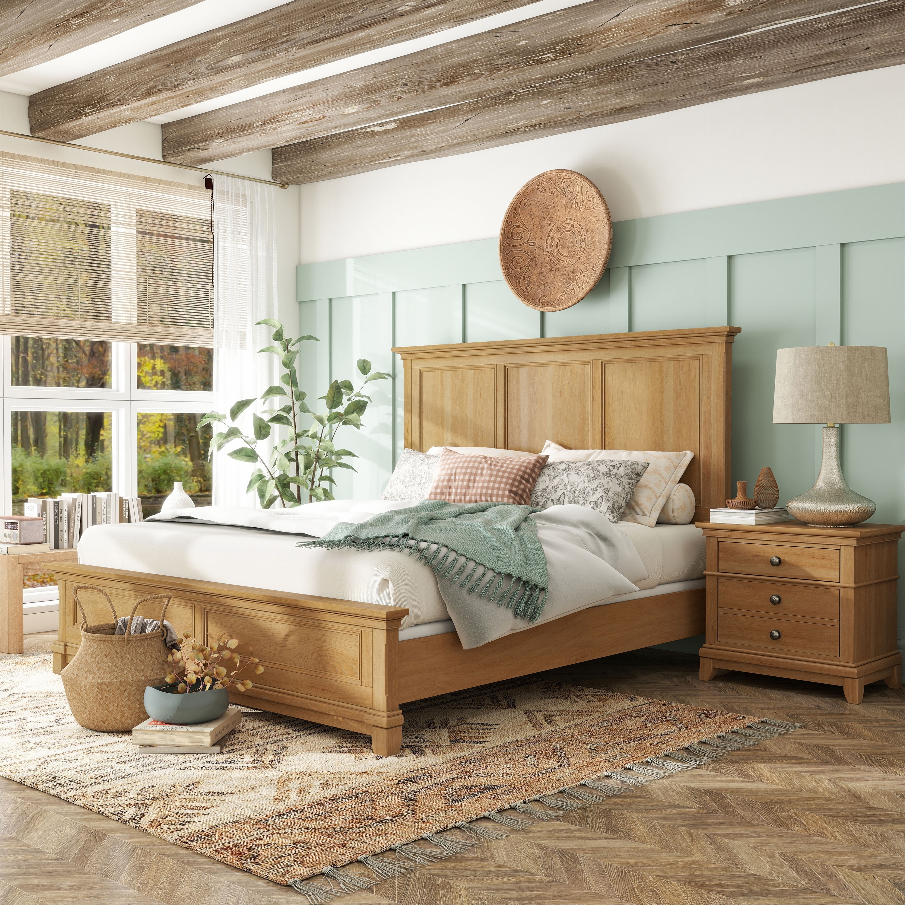 Furniture of America Wellington Farmhouse 2-Piece Natural Oak Wood Panel Bedroom Set