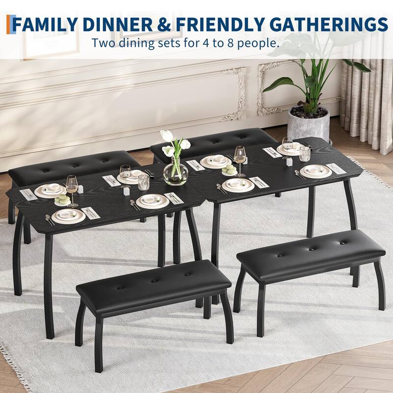 Dining Table Set for 4, with 2 Upholstered Benches