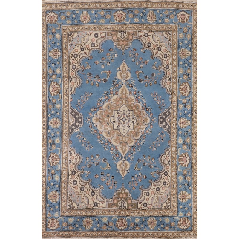 Traditional Blue Tabriz Persian Vintage Area Rug Handmade Wool Carpet - 6'4" x 9'8"