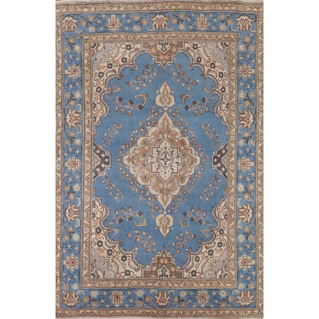 Traditional Blue Tabriz Persian Vintage Area Rug Handmade Wool Carpet - 6'4" x 9'8"