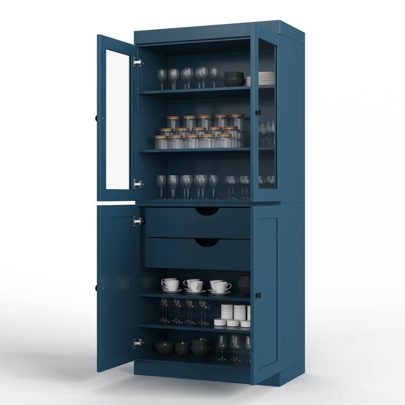 Palace Imports 100% Solid Wood 32" Pantry Cabinet with Clear Glass, Shaker Doors, 2-Drawers and Adjustable Shelves