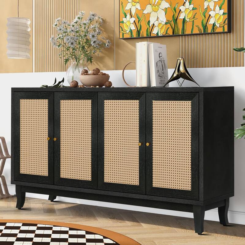 Modern Farmhouse Style Horizontal Sideboard with Two Cabinets - Antique Black+Natural