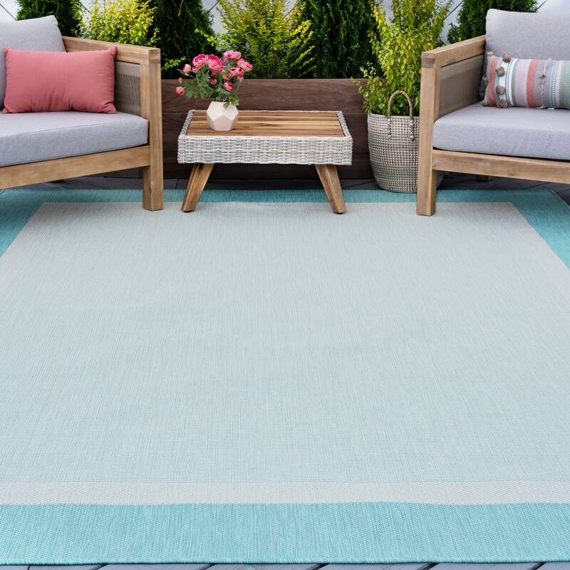 Exo Coastal Border Indoor/Outdoor Area Rug - 7'10'' x 10'2'' - Aqua/Cream