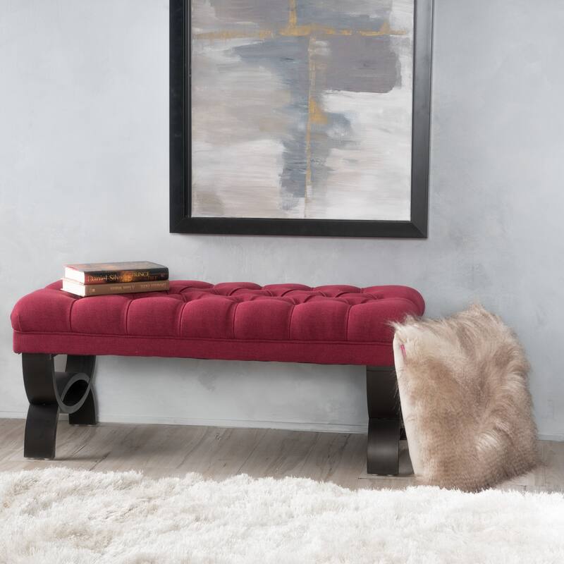 Gorgeous Dining Bench Indoor Bench with Semi-Circular Wood Legs, Window Stool Decorative Stool with Button Tufting - Red