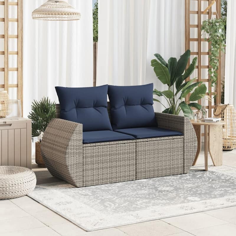 vidaXL Patio Sofa with Cushions 2-Seater Brown/Gray Poly Rattan - 55.9" x 24.4" x 27.2"