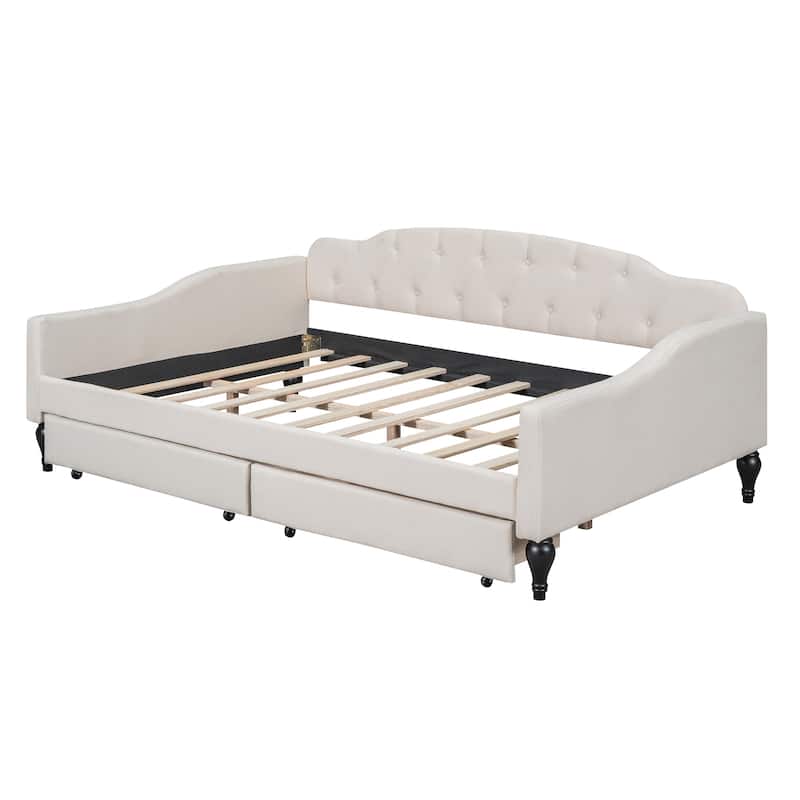 Beige Multifunctional Full Size Upholstered Tufted Daybed with 2 Drawers