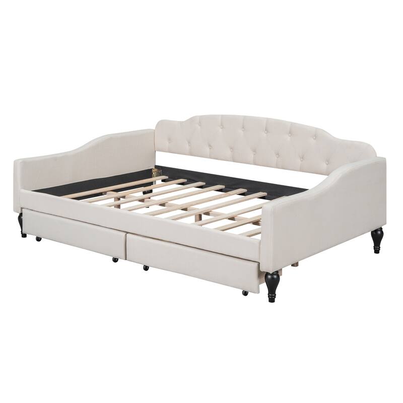 Roomfitters Full Upholstered Tufted Daybed with Side Compartments and Soft Curved Backrest, Beige