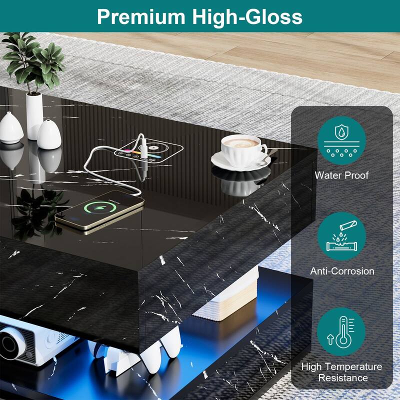 Smart LED Coffee Table 47.2" with Bluetooth Speaker & Wireless Charging, Modern White Marble Center Table