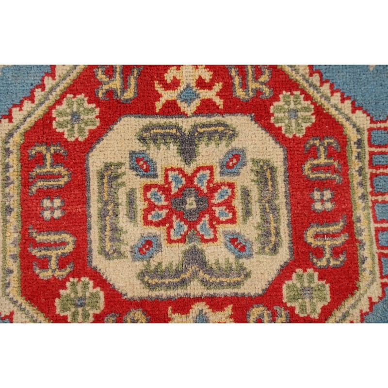 Light Blue Geometric Kazak Area Rug Hand-Knotted Oriental Wool Carpet - 4'3" x 6'4"