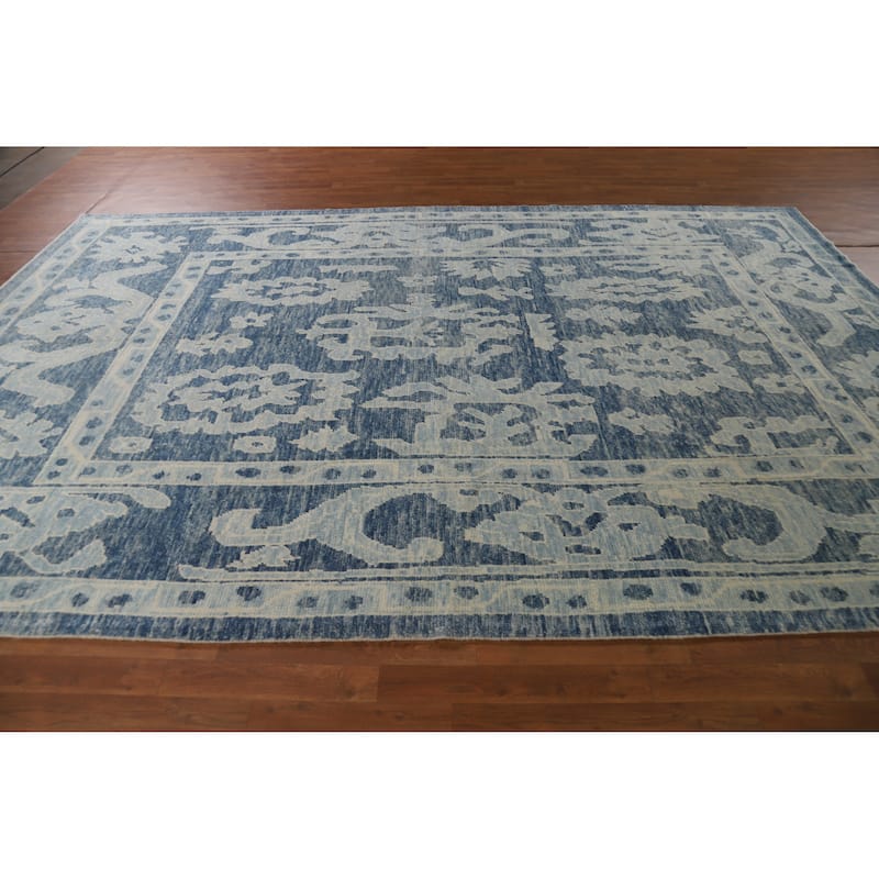 Hand Knotted Oriental 100% Wool Carpet Transitional All-Over Navy Blue & Blues Oushak Area Rug - 11' 10'' X 7' 11''