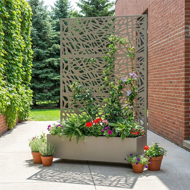 Metal Galvanized Planter Box with Trellis Privacy Screen Lockable Wheels