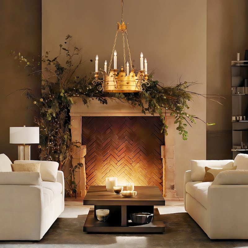 6-Light Luxury Retro Antique Gold Crown Metal Hanging Light Chandelier for Hallways,Living Room