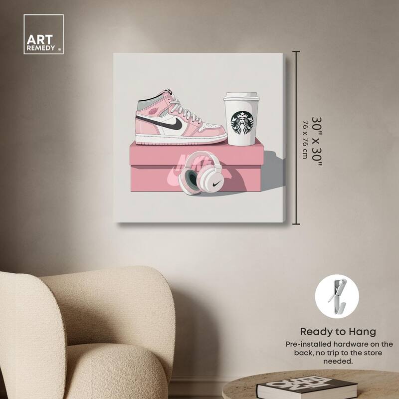 Pink Sneaker and Headphones Canvas by Art Remedy, Gallery Wrapped