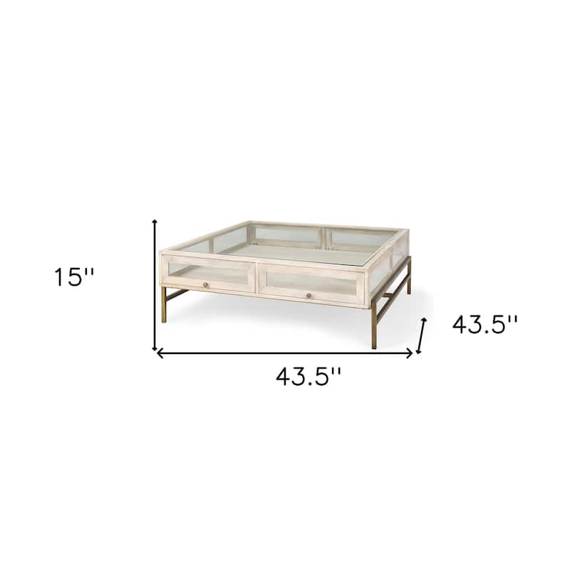 HomeRoots 44" Off White Clear And Gold Solid Wood Glass And Iron Storage Coffee Table - 43.5' X '15' X '43.5