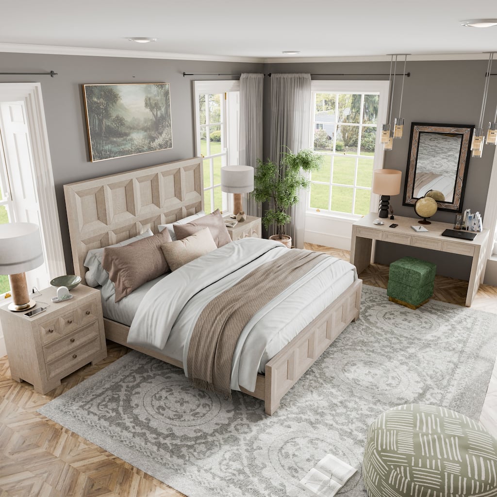 Furniture of America Durem Modern Classic 4-Piece Solid Wood Tawny Panel Bed with Desk and 2 Nightstand Set