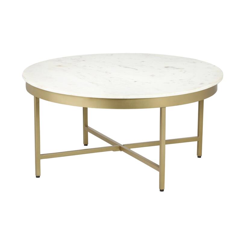 HomeRoots 36" White And Gold Genuine Marble And Steel Round Coffee Table - 36' X '18' X '36