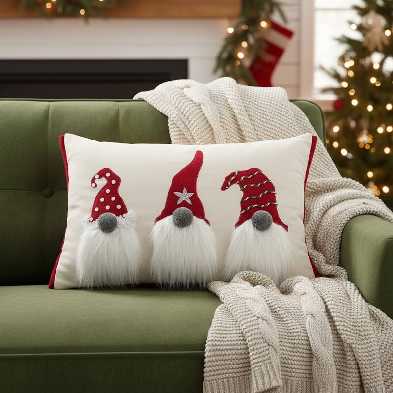 HomeRoots 14" X 20" Red And Ivory Cotton Christmas Gnomes Throw Pillow With Embroidery