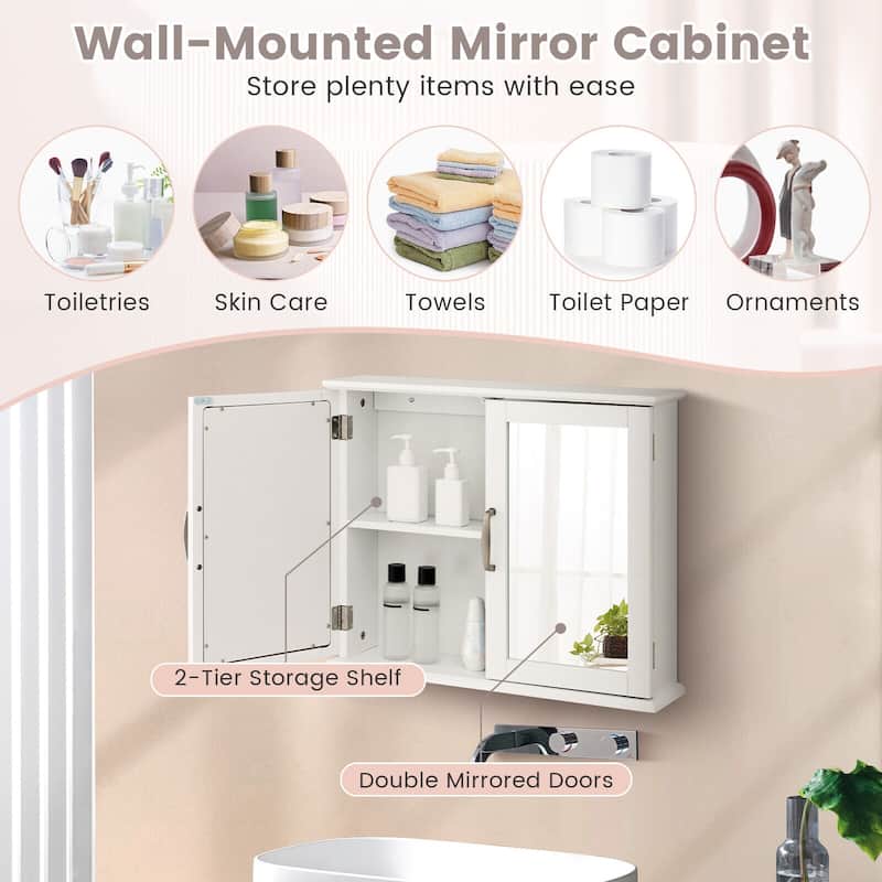 Gymax Bathroom Medicine Cabinet 2-Tier Wall-Mounted Mirror Storage