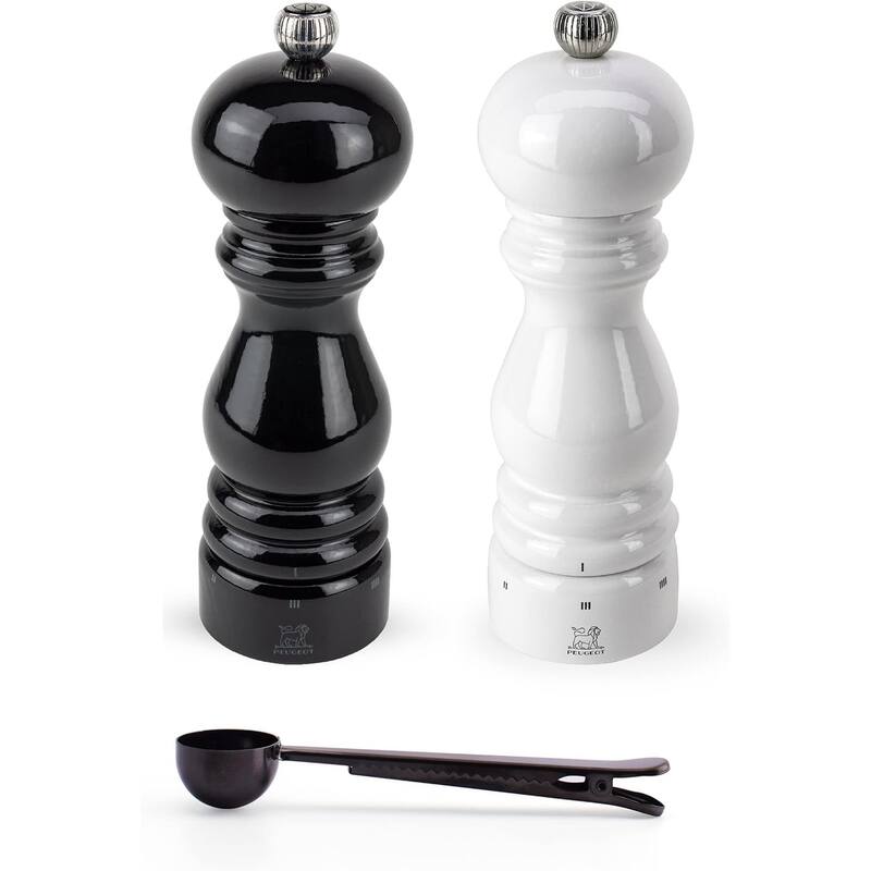 Peugeot Paris u'Select Salt & Pepper Mill, Gift Set, Black & White Lacquer - With Stainless Steel Spice Scoop/Bag Clip (7 Inch) - Multi - 3 Piece