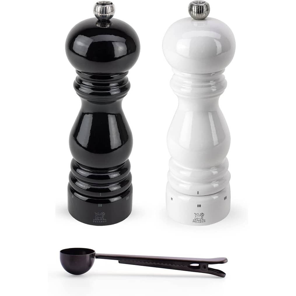 Peugeot Paris u'Select Salt & Pepper Mill, Gift Set, Black & White Lacquer - With Stainless Steel Spice Scoop/Bag Clip (7 Inch)