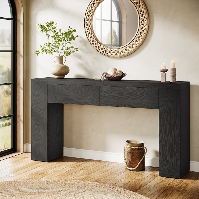 63-Inch Wooden Console Table, Farmhouse Rustic Brown Sofa Table