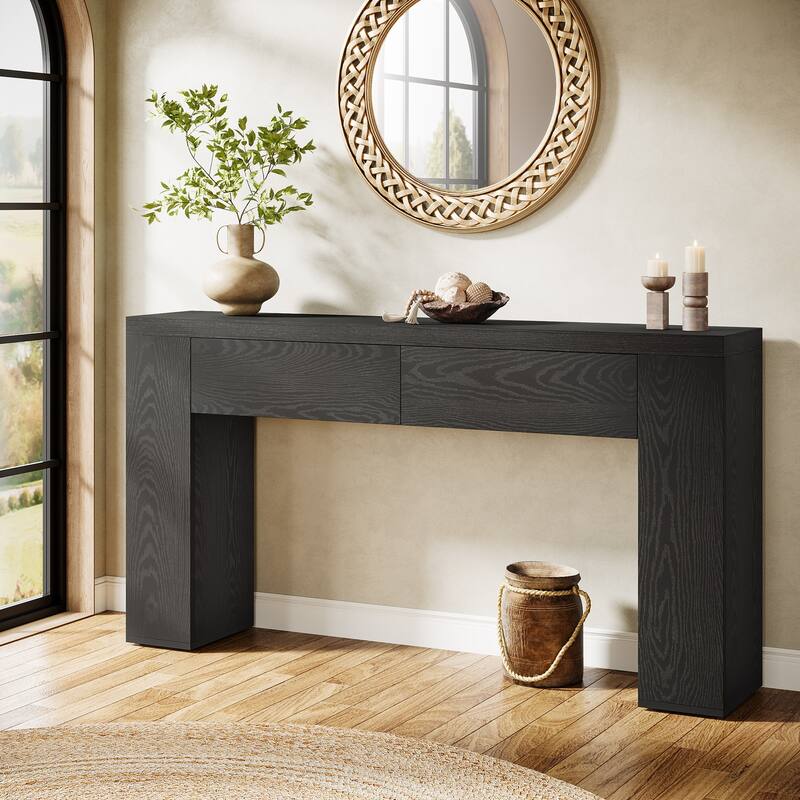 63-Inch Wooden Console Table with 2 Hidden Drawers, Sofa Table for Living Room, Hallway, Entrance, Foyer