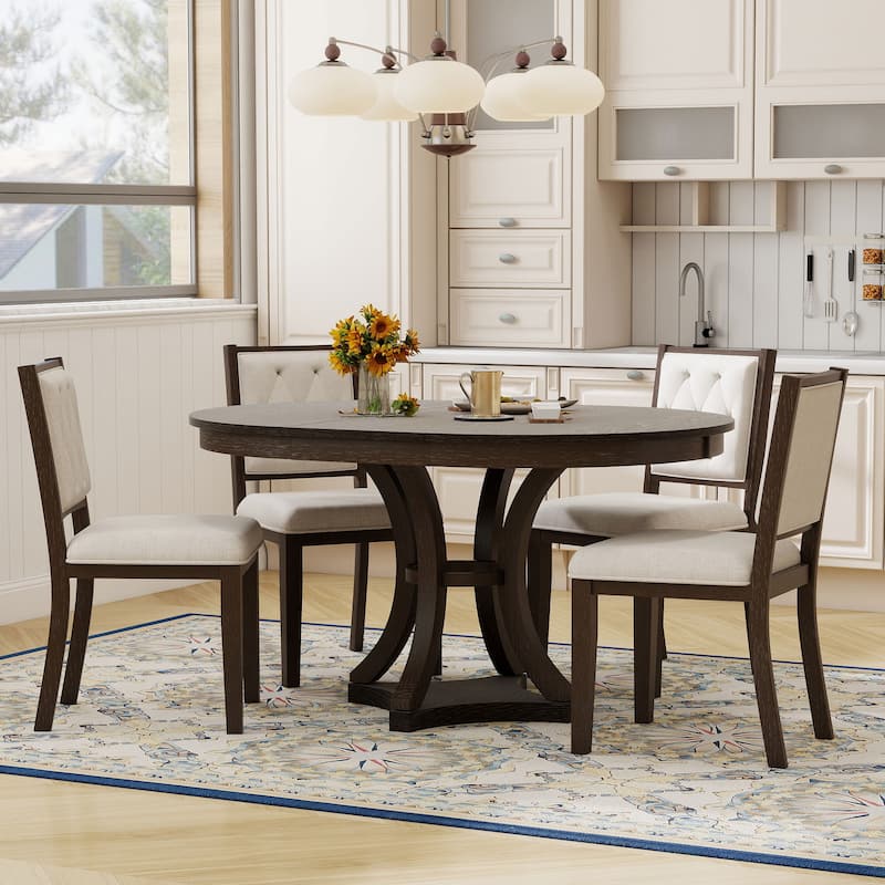 5-Piece Retro Functional Dining Table Set Extendable Round Table and 4 Upholstered Chairs for Dining Room and Living Room