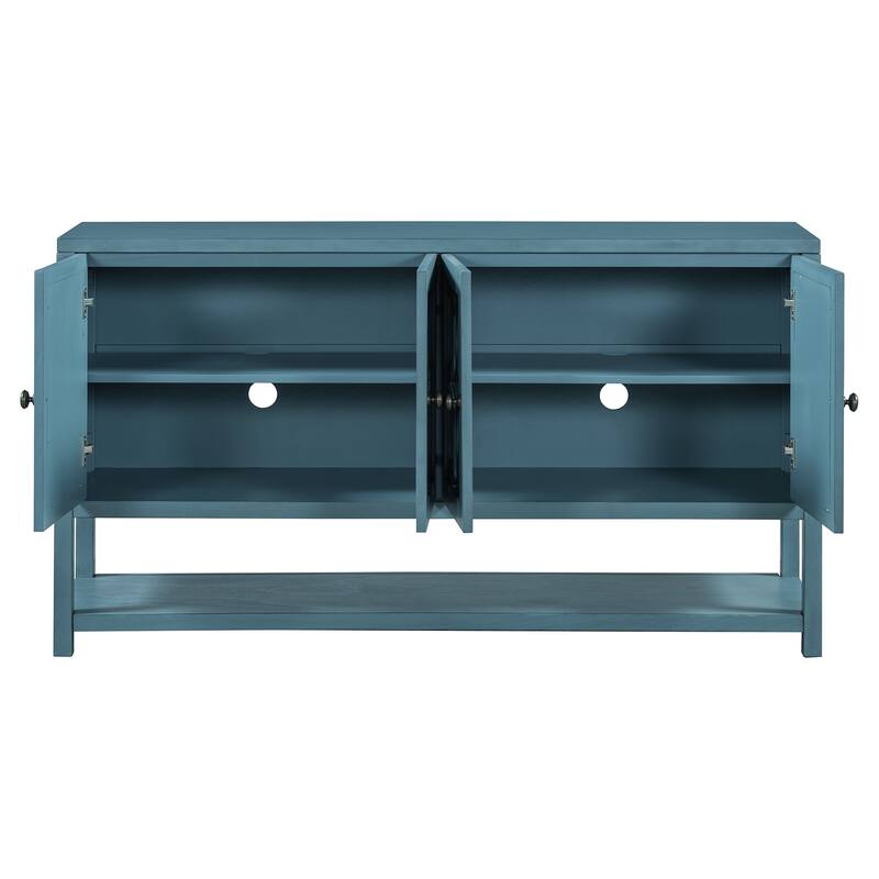 60" Retro Wooden Console Table Storage Cabinet with Mirrored Doors, Spacious Shelves and Acacia Wood Legs