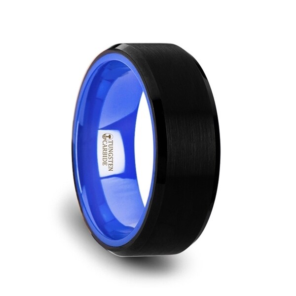 RIGEL Flat Beveled Edges Black Tungsten Ring with Brushed Center and Vibrant Blue Inside