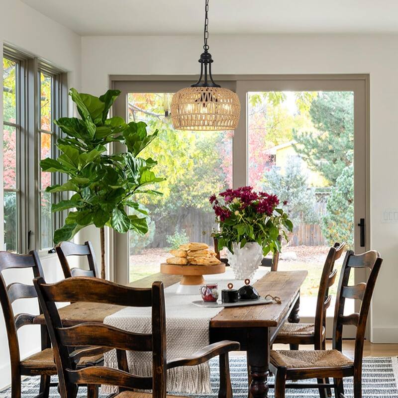Farmhouse Chandelier for Dining Room, 3-Light Rattan Chandelier Light Fixture Ceiling Hanging with Woven Lampshade