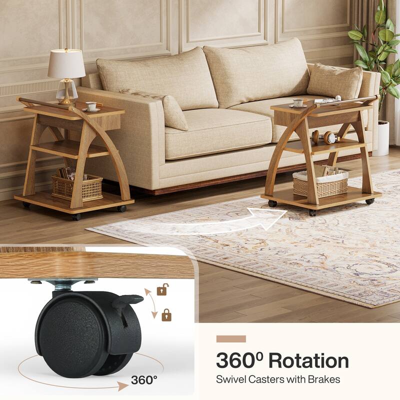 3-Tier Rolling Side Table, Adjustable Tabletop End Table with 1 Drawer, TV Tray for Small Spaces, Living Room