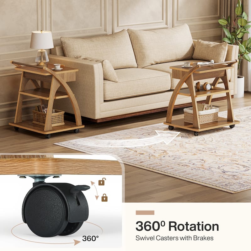 Side Table with Wheels, End Table for Couch with Adjustable Tabletop