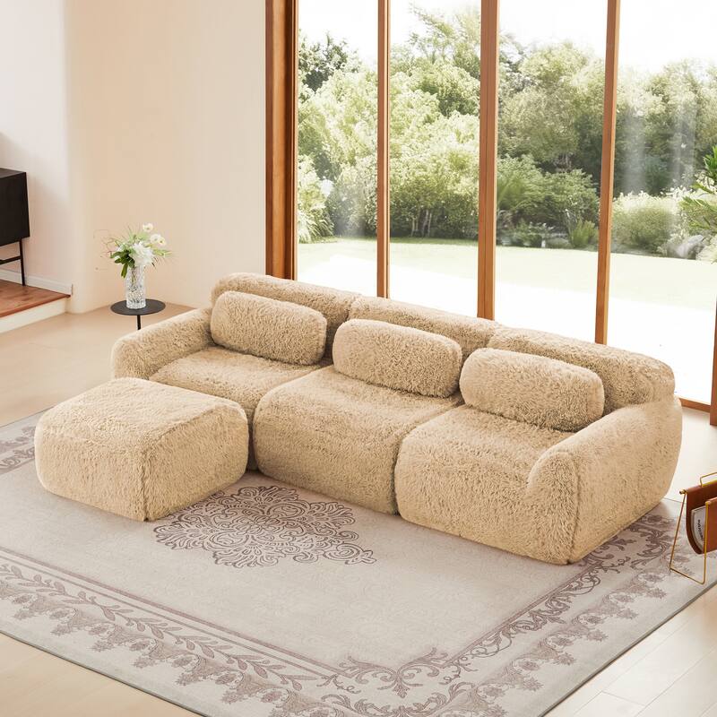 L-Shaped Boneless Sectional Sofa Set with Ottoman, Throw Pillows, 32D High-Density Sponge, No Assembly Required - Light Khaki