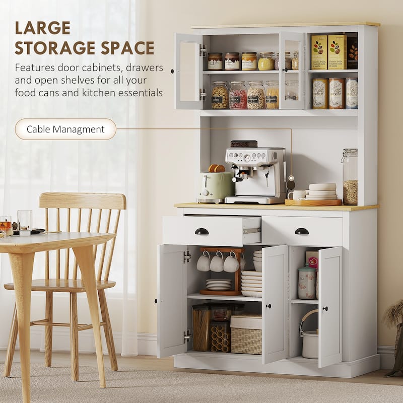 HOMCOM Kitchen Pantry Storage Cabinet with Microwave Stand, 71" Modern Kitchen Hutch with Glass Doors, Storage Drawers