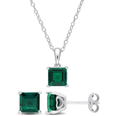 Miadora 3 2/5ct TGW Square Created Emerald Set of Necklace and Earrings in Sterling Silver