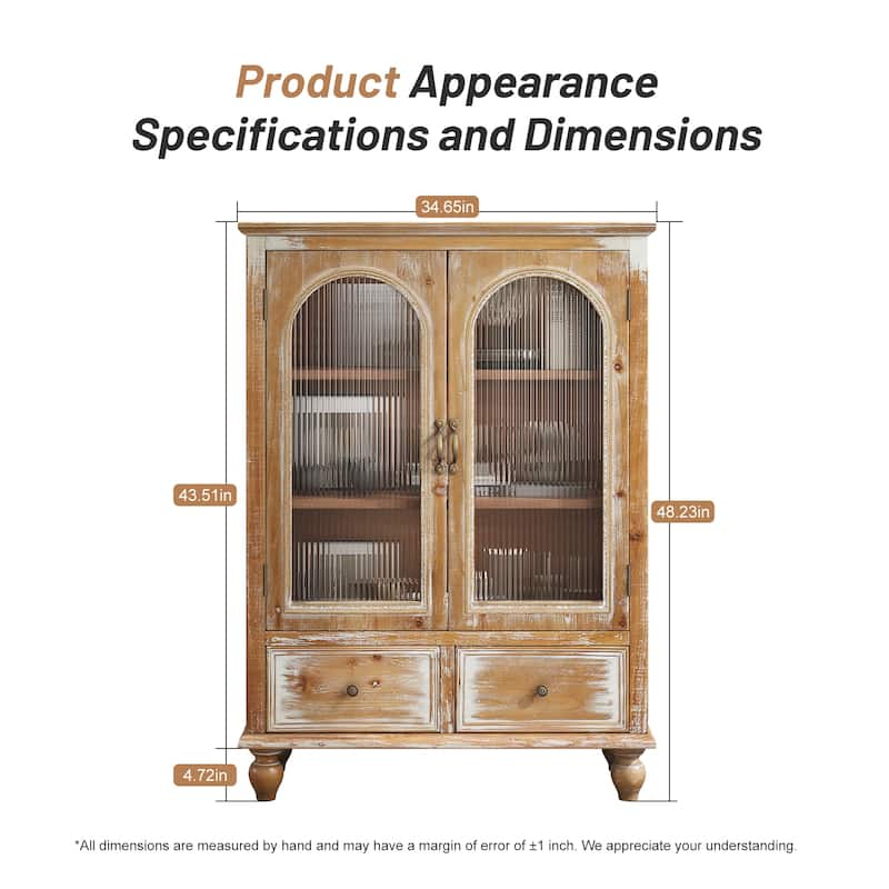 Farmhouse Storage Cabinet,Wood Kitchen Pantry Cabinet with 2 Glass Doors & 2 Drawers,Freestanding Buffet Cupboard with Shelves