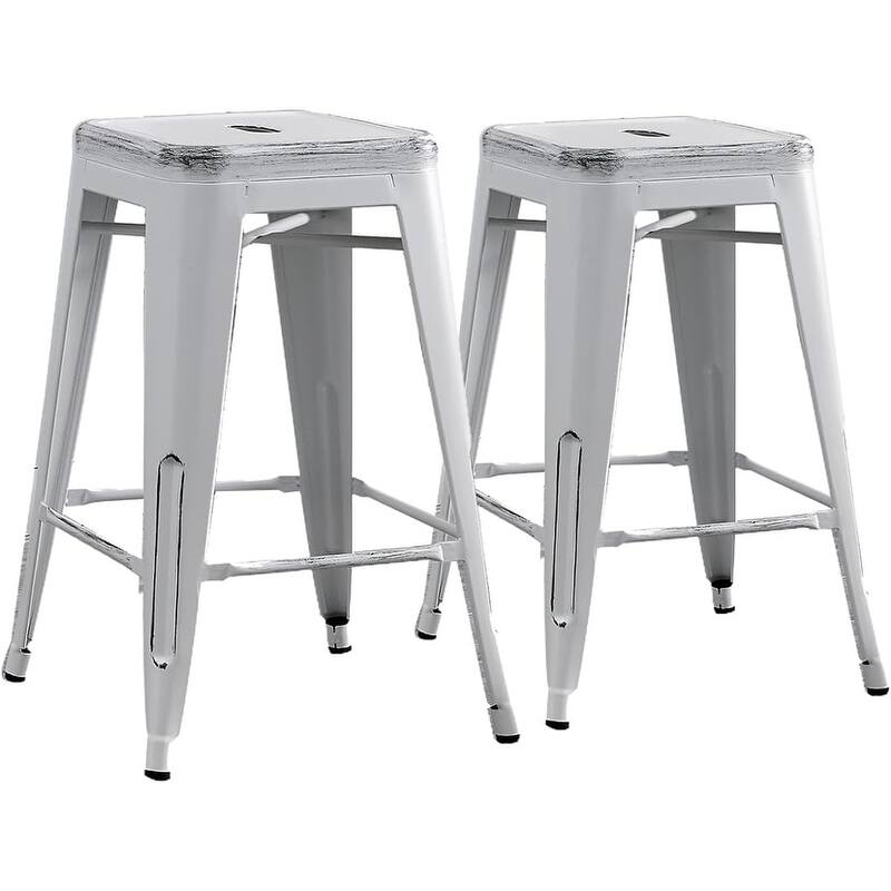 Backless Light Weight Industrial Vintage Costal Metal Bar Stools Without Back and 4 Leg Design (Set of 2)(24" Seat) - Antique White