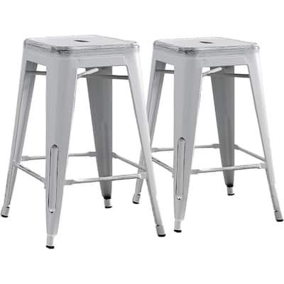 Backless Light Weight Industrial Vintage Costal Metal Bar Stools Without Back and 4 Leg Design (Set of 2)(24" Seat)