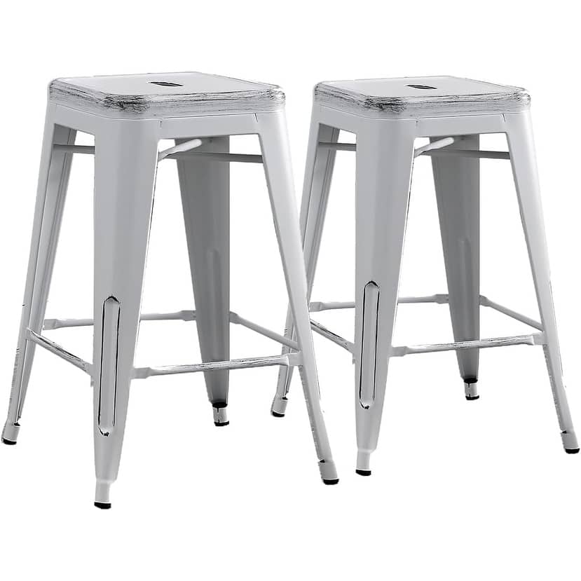 Backless Light Weight Industrial Vintage Costal Metal Bar Stools Without Back and 4 Leg Design (Set of 2)(24" Seat)