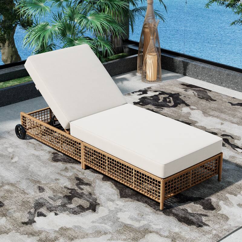 Outdoor PE Rattan Chaise Lounge with 5-Position Backrest & Wheels, Patio Recliner Chair Sun Lounger for Poolside Backyard Garden