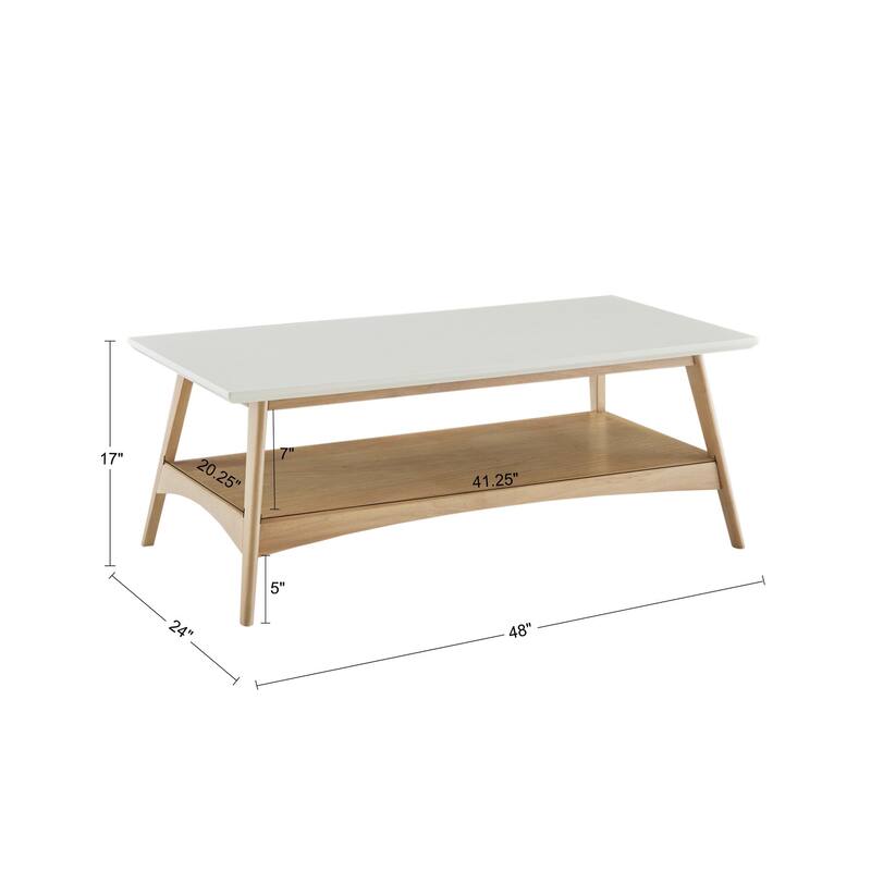 Roomfitters 48-Inch Mid-Century Coffee Table, Two-Tone Off-White Top with Lower Storage Shelf, Solid Wood Base