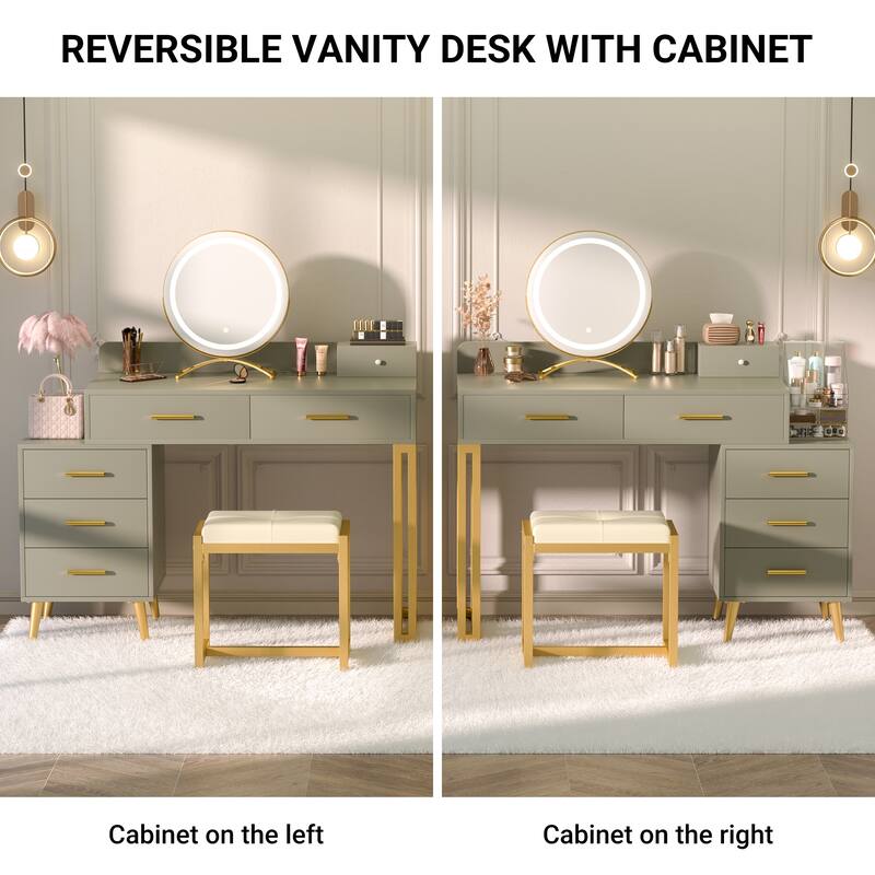 Makeup Vanity Desk with Stool and LED Mirror, Modern Makeup Table Vanity Desk with 6 Storage Drawers