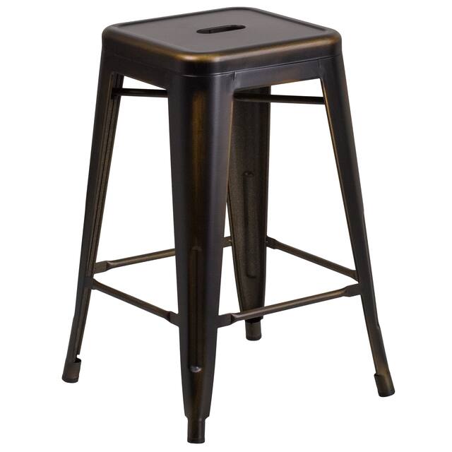 Backless Distressed Metal Indoor/Outdoor Counter Height Stool - Copper