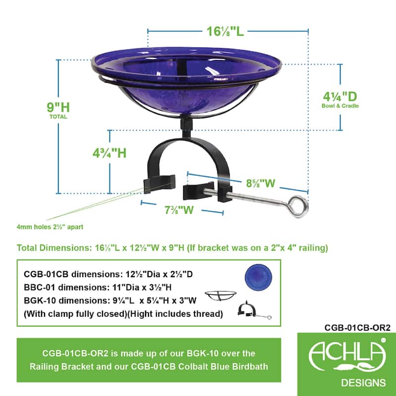 Achla Designs 12.5"Dia. Round Crackle Glass Birdbath w/Black Wrought Iron Over Rail Bracket