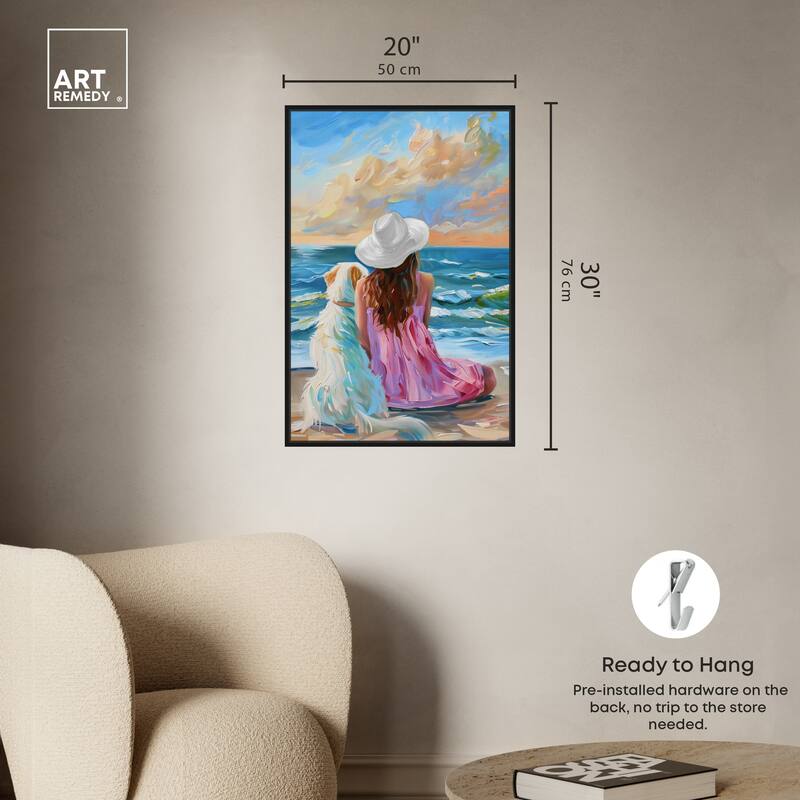 Art Remedy Girl And Her Best Friend Framed Colorful Coastal 1 Piece Canvas Wall Art