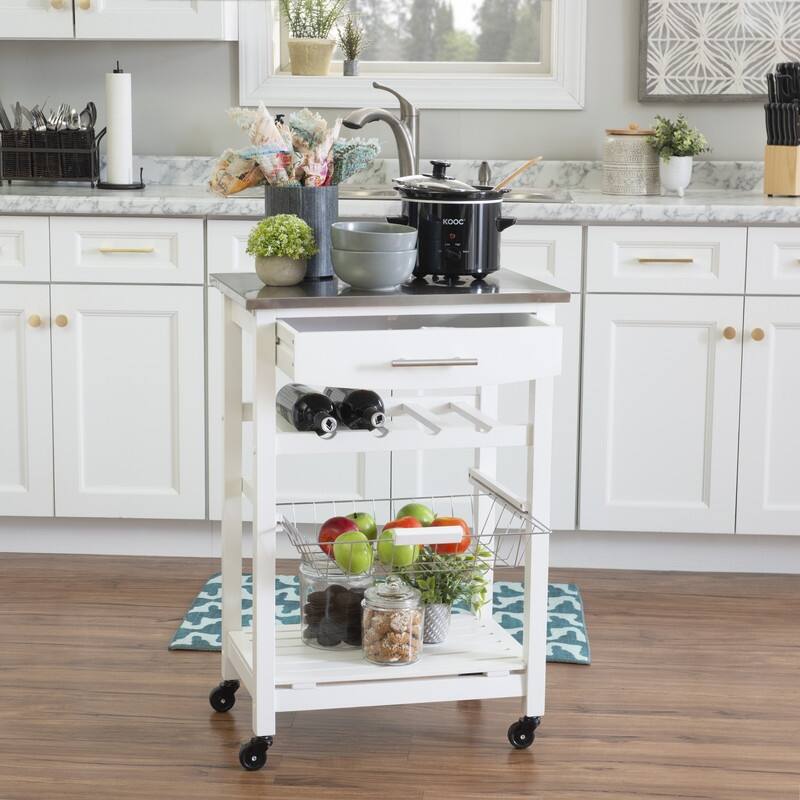 Jake Compact Mobile Rolling Kitchen Cart - White/Stainless Steel