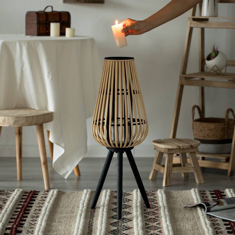 Decorative Lantern with Black Stand and Glass Candle Holder