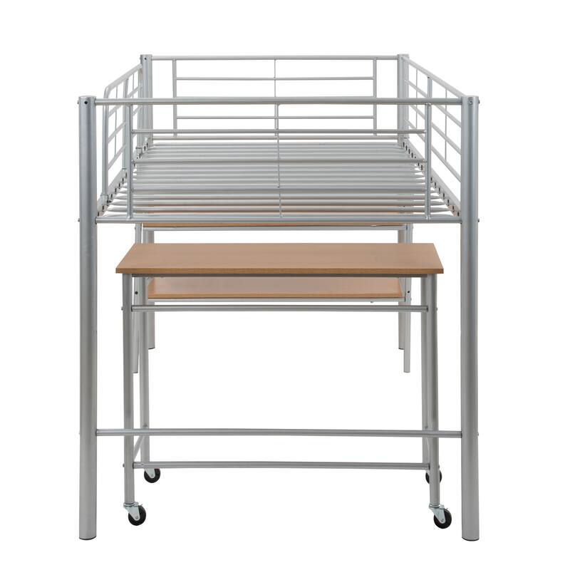 Twin Size Metal Loft Bed with Desk and Shelves